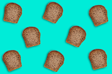 Chaotic scattered many rectangular pieces of fresh rye bread on green table on kitchen. Seamless pattern. Top view. Dieting concept