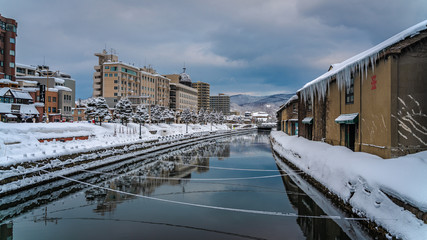 Fototapeta na wymiar Otaru Canal With Snow Landscape, Japan On February 16, 2019