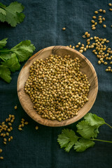 Raw, unprocessed organic coriander or cilantro seeds