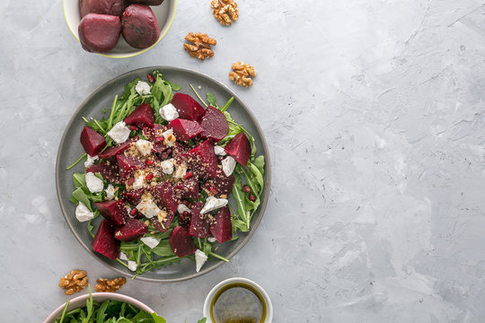 Beetroot Salad With Feta Cheese, Argula And Walnuts