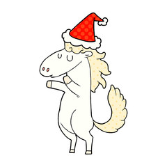 comic book style illustration of a horse wearing santa hat
