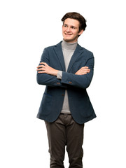 Teenager man with turtleneck Happy and smiling over isolated white background
