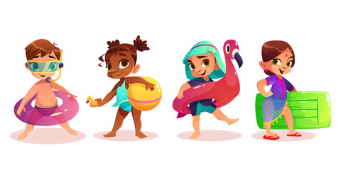 Caucasian, african-american, arabic and indian child in swimsuit with inflatable swimming ring or mattress cartoon vector characters set isolated white background. Preschooler kids on summer leisure