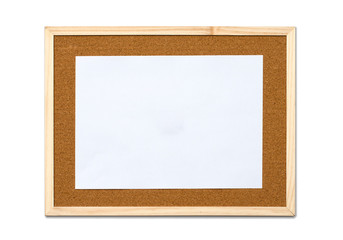 Fototapeta premium Brown cork board in wooden frame isolated with white paper attached