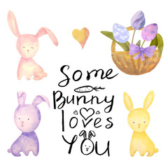 Watercolor drawn set with elements of happy easter. Hand drawn lettering, rabbit, eggs. Ideal for greeting card or logo