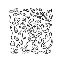 Doodle background. Sea Turtle, fish, underwater plants. Vector