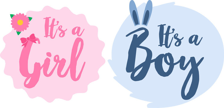 Vector greeting card. Baby shower card. Baby announcement card design element. It's a boy lettering, it's a girl lettering. Baby shower party design element.