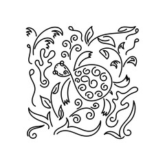 Doodle background. Sea Turtle, fish, underwater plants. Vector