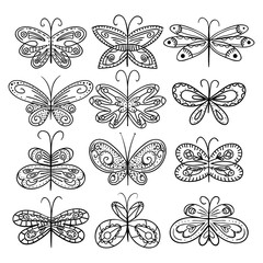 Twelve hand drawn Butterflies appropriate for coloring book. Hand drawn decorative butterflies. Black and white.Vector illustration
