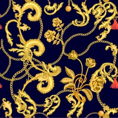 Papier peint Élément floral et bijoux Imprimé luxueux avec des roses dorées et des chaînes