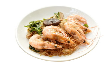 shrimp steamed with glass noodle and ginger on white plate