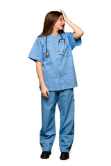 Full-length shot of Young nurse has just realized something and has intending the solution on isolated white background