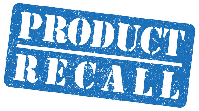 blue product recall rubber stamp on white background