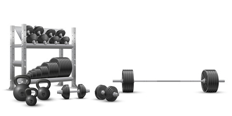 Beautiful realistic fitness vector of an olympic barbell, black loadable dumbbels, a set of kettlebells and a storage shelf full of black weight barbell plates on white background.