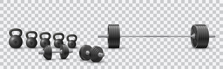 Beautiful realistic fitness vector of an olympic barbell, black iron loadable dumbbels and a set of kettlebells on transparent background.