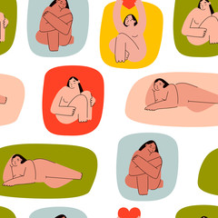 Beautiful plus size women in various poses. Body positive concept. Attractive overweight girls. For Fat acceptance movement. Hand drawn colored vector seamless pattern. Colored shapes on background