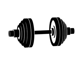 Simple black dumbbell perspective vector icon on white background.