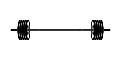 Simple black barbell front view perspective vector icon on white background.