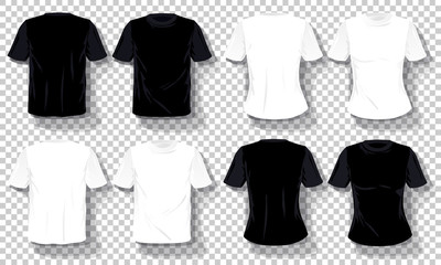 Black white T-shirts template Set isolated, hand drawn tee shirts transparent background. Blank vector mockup advertising template. Concept graphic printing element.