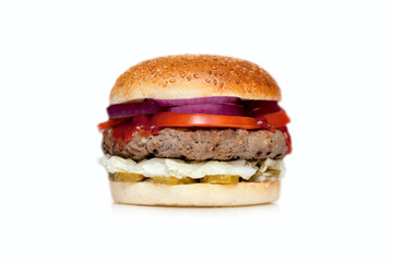  Juicy burger with a big cutlet, cheese, cucumber, tomato, onion, cabbage, sauce and sesame bun on a white background