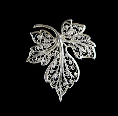 Vintage filigree silver brooch Grape leaf