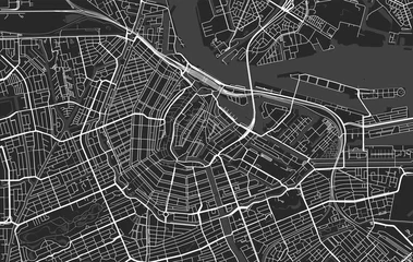 Rolgordijnen Zwart-wit vector moderne stadsplattegrond van Amsterdam © pingebat