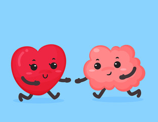 Cartoon characters, brain and heart that embrace love.