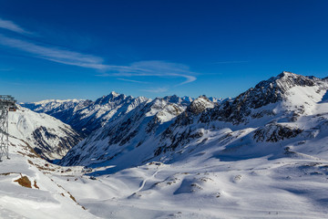 Fototapeta na wymiar Slopes to the middle lift station in the Kingdom of snow Stubaier Gletscher ski resort in the Stubai valley, Tirol, Austria