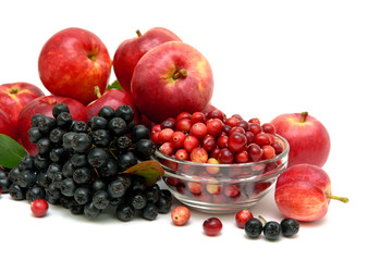 chokeberry, red apples and cranberries on a white background