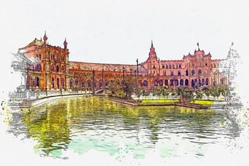 Watercolor sketch or illustration of a beautiful view of the Plaza de Espana -(Spain square) Seville, Spine