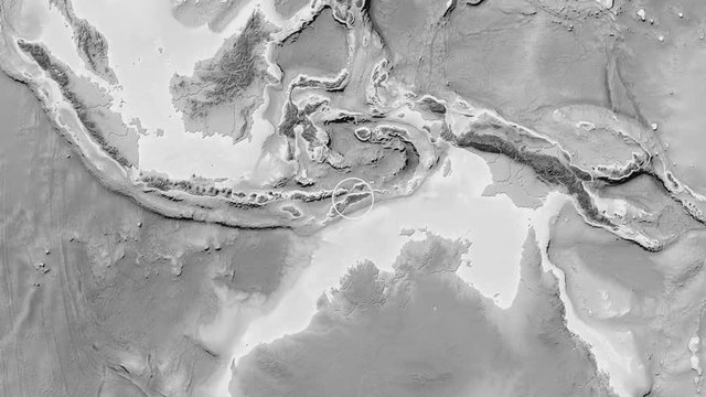 East Timor area presented against the global grayscale map in the Fahey projection with animated oblique transformation