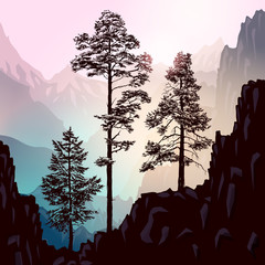 Landscape with mountains and old pine trees. Banner or card template. Freehand drawing