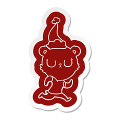 peaceful cartoon  sticker of a bear running wearing santa hat