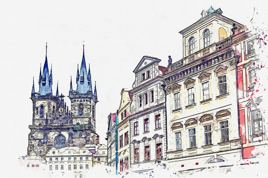 Watercolor sketch or illustration of a beautiful view of the traditional ancient architecture or buildings in Prague in the Czech Republic