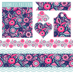 Seamless borders, elements for decor, seamless floral pattern. Set of templates and elements.