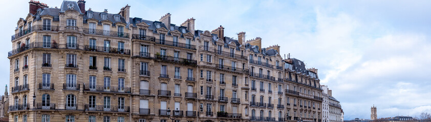 Fototapeta na wymiar Panoramic view of buildings of the Paris island of the city in winter