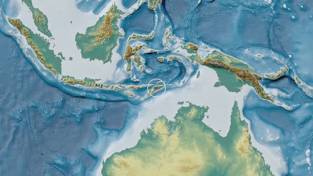East Timor area presented against the global relief map in the Fahey projection with animated oblique transformation