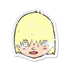 retro distressed sticker of a cartoon staring woman