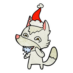 textured cartoon of a hungry wolf wearing santa hat