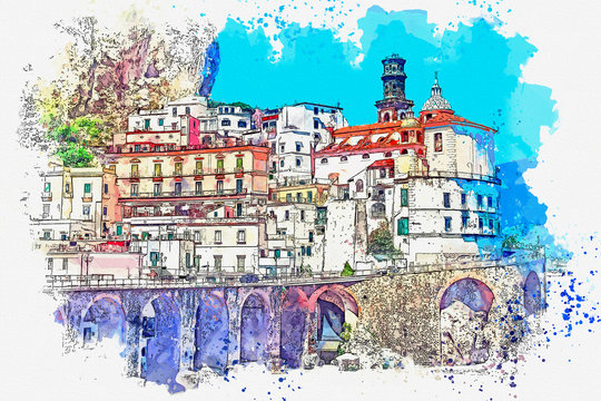 Watercolor sketch or illustration of a beautiful view of the city of Amalfi in Italy