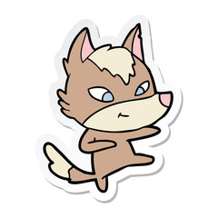sticker of a friendly cartoon wolf dancing