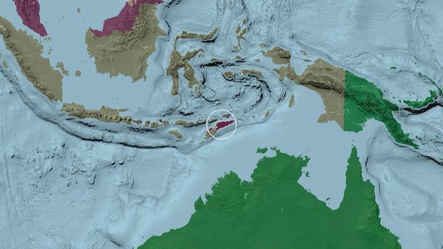 East Timor area presented against the global administrative map in the Kavrayskiy VII projection with animated oblique transformation