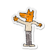 retro distressed sticker of a cartoon waving fox