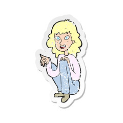 retro distressed sticker of a cartoon happy woman sitting and pointing