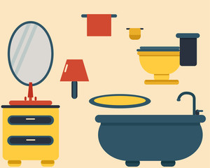 Bathroom, made in the style of flat. In the background is a bath, sink, bedside table, hanging mirror, rug. Standing next to the toilet.