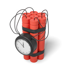 3d rendering of a bundle of dynamite sticks with a clock attached to the side of it on a white background.