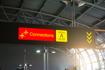 Digital display at international airport. Board showing connections sign and gate information.