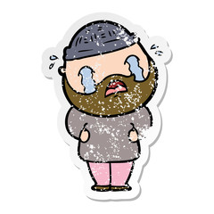 distressed sticker of a cartoon bearded man crying