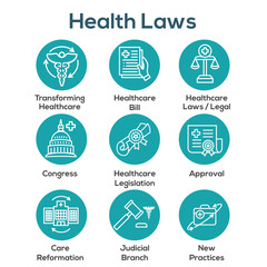 Health Laws and Legal icon set depicting various aspects of the legal system