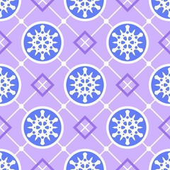Abstract seamless pattern with circles and squares on the violet background. Vector image.